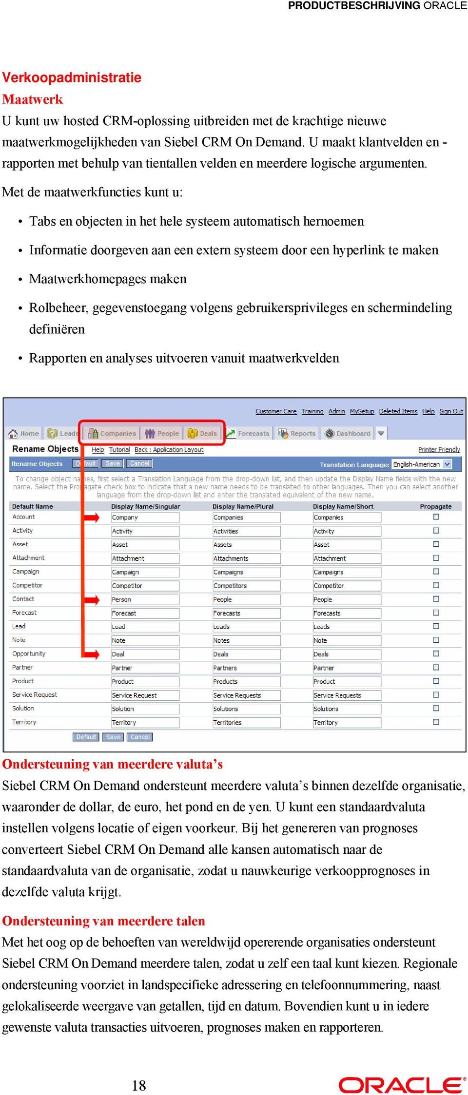 Met de maatwerkfuncties kunt u: Tabs en objecten in het hele systeem automatisch hernoemen Informatie doorgeven aan een extern systeem door een hyperlink te maken Maatwerkhomepages maken Rolbeheer,