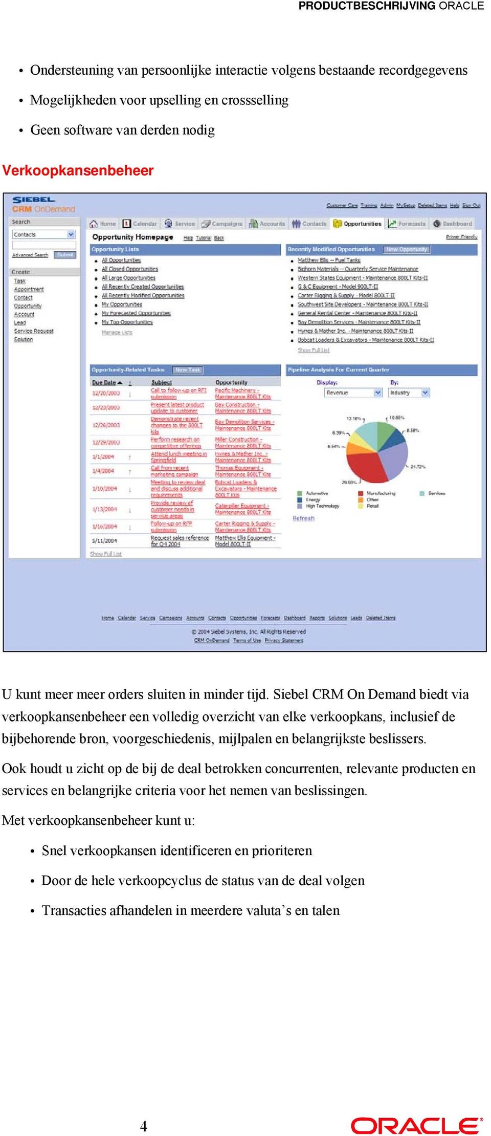 Siebel CRM On Demand biedt via verkoopkansenbeheer een volledig overzicht van elke verkoopkans, inclusief de bijbehorende bron, voorgeschiedenis, mijlpalen en belangrijkste beslissers.