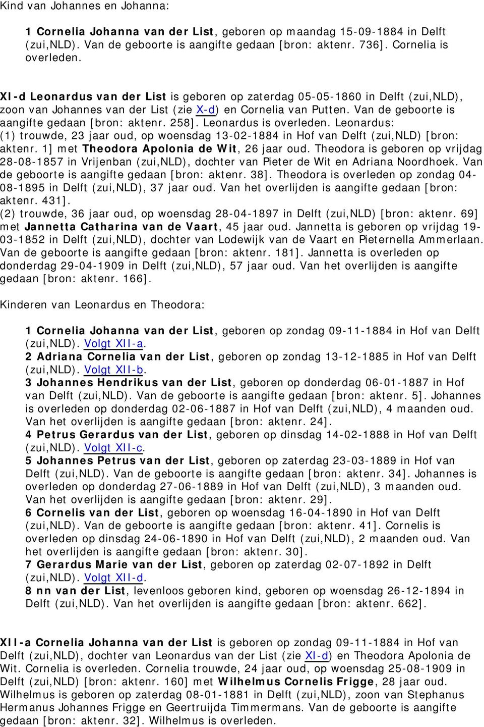 Van de geboorte is aangifte gedaan [bron: aktenr. 258]. Leonardus is Leonardus: (1) trouwde, 23 jaar oud, op woensdag 13-02-1884 in Hof van Delft (zui,nld) [bron: aktenr.