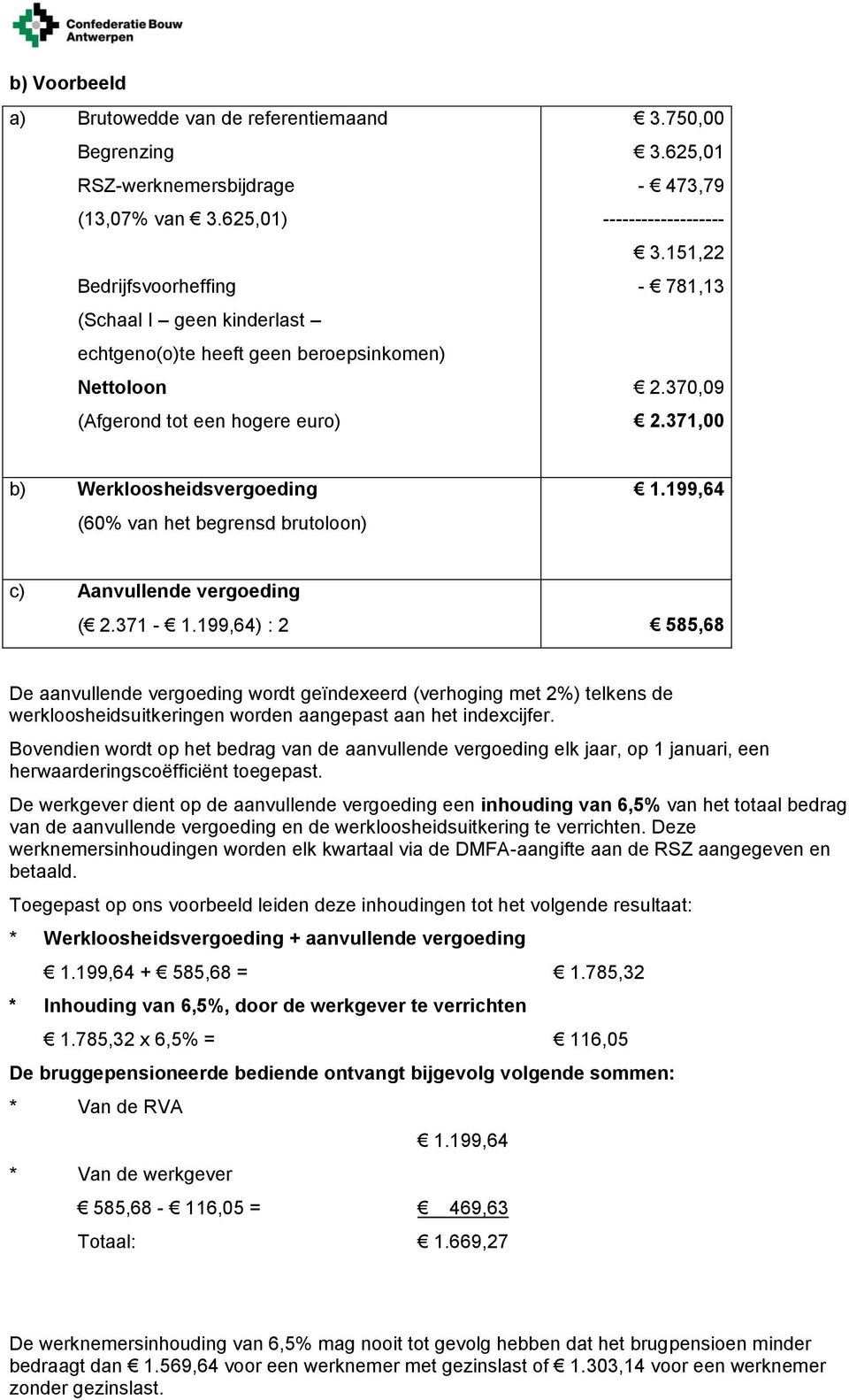 370,09 2.371,00 b) Werkloosheidsvergoeding (60% van het begrensd brutoloon) 1.199,64 c) Aanvullende vergoeding ( 2.371-1.