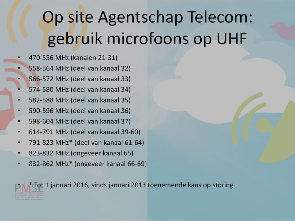 36) 598-604 MHz (deel van kanaal 37) 614-791 MHz (deel van kanaal 39-60) 791-823 MHz* (deel van kanaal 61-64) 823-832 MHz