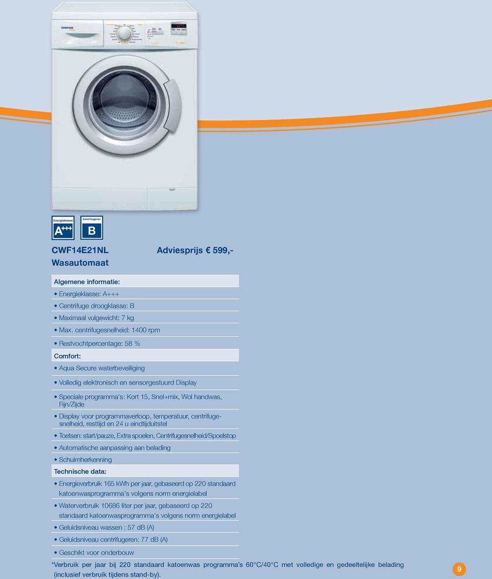 Fijn/Zijde Display voor programmaverloop, temperatuur, centrifugesnelheid, resttijd en 24 u eindtijduitstel Toetsen: start/pauze, Extra spoelen, Centrifugesnelheid/Spoelstop Automatische aanpassing