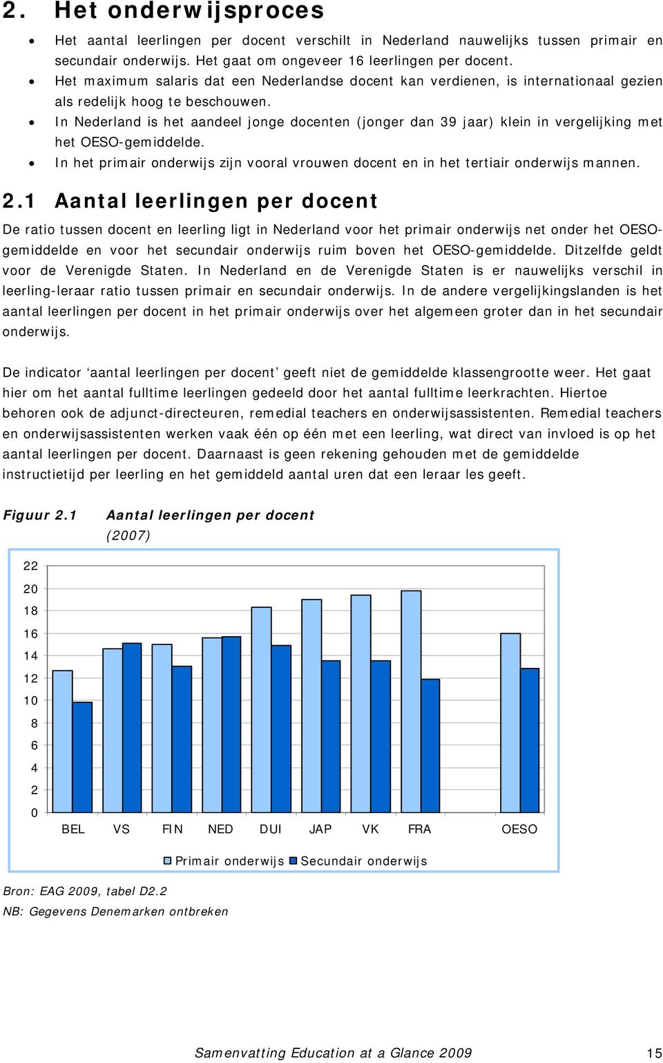 In Nederland is het aandeel jonge docenten (jonger dan 39 jaar) klein in vergelijking met het OESO-gemiddelde. In het primair onderwijs zijn vooral vrouwen docent en in het tertiair onderwijs mannen.