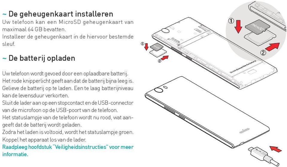 Een te laag batterijniveau kan de levensduur verkorten. Sluit de lader aan op een stopcontact en de USB-connector van de microfoon op de USB-poort van de telefoon.