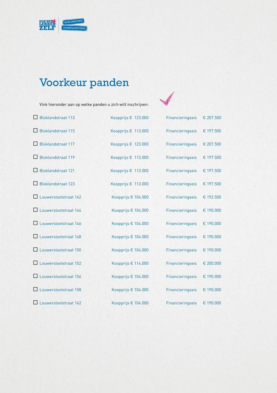 500 Bloklandstraat 119 Bloklandstraat 121 Bloklandstraat 123 Louwerslootstraat 142 192.