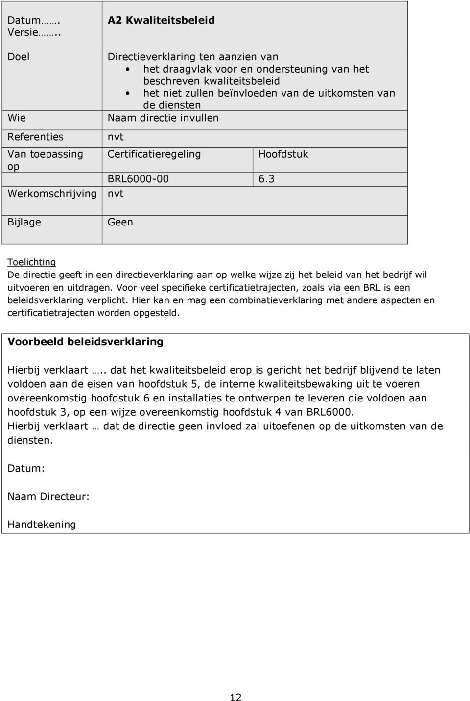 Naam directie invullen Referenties Van toepassing op nvt Werkomschrijving nvt Certificatieregeling BRL6000-00 6.