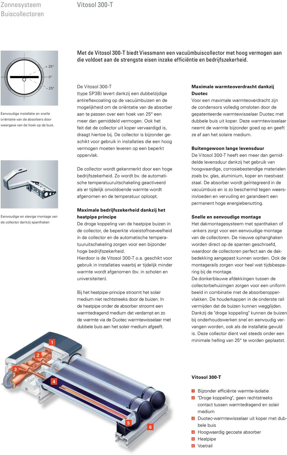Eenvoudige en stevige montage van de collector dankzij spanthaken 1 De Vitosol 300-T (type SP3B) levert dankzij een dubbelzijdige antireflexcoating op de vacuümbuizen en de mogelijkheid om de