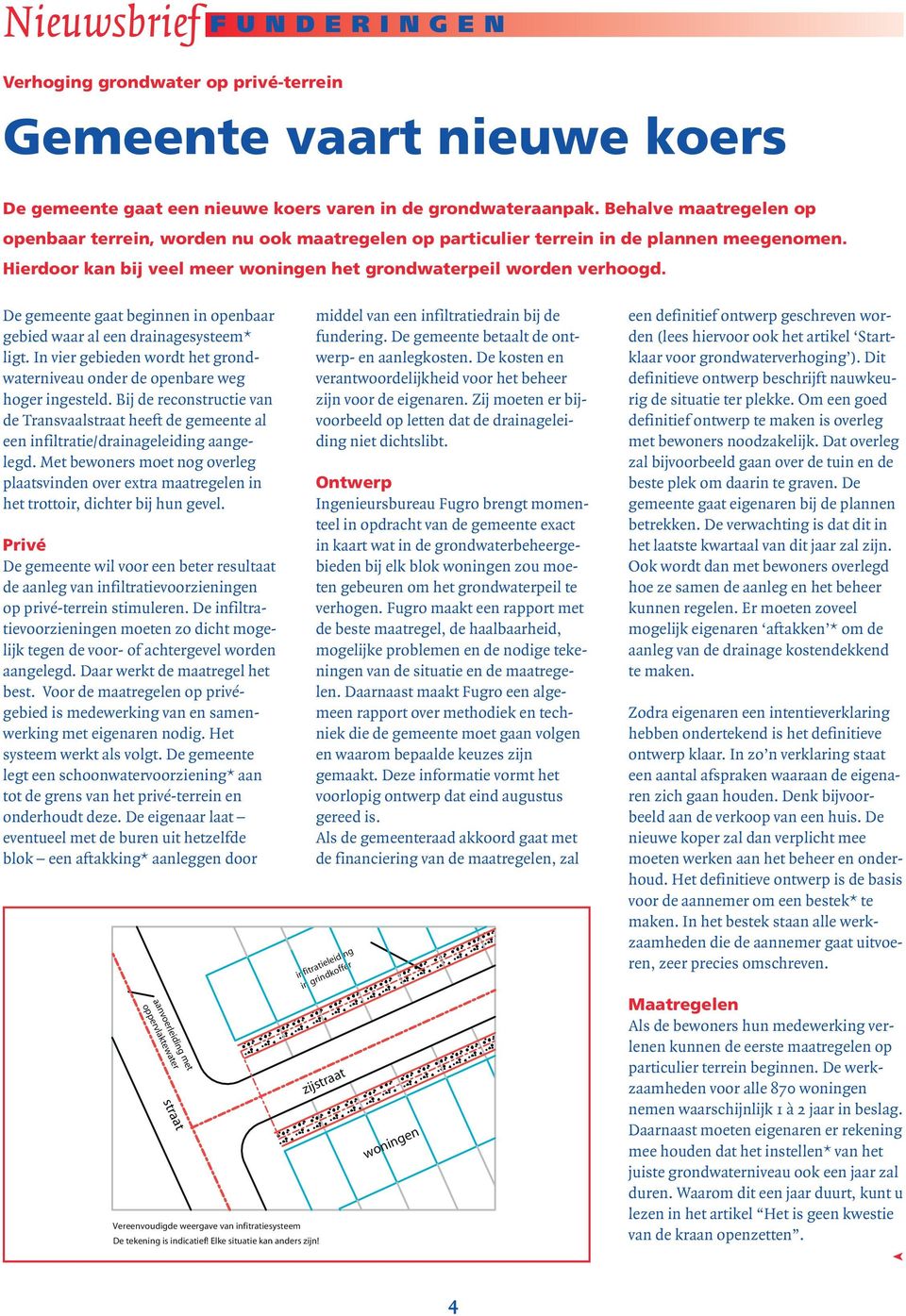 De gemeente gaat beginnen in openbaar gebied waar al een drainagesysteem* ligt. In vier gebieden wordt het grondwaterniveau onder de openbare weg hoger ingesteld.