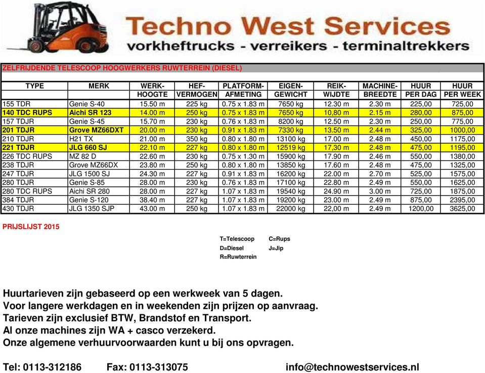 76 x 1.83 m 8200 kg 12.50 m 2.30 m 250,00 775,00 201 TDJR Grove MZ66DXT 20.00 m 230 kg 0.91 x 1.83 m 7330 kg 13.50 m 2.44 m 325,00 1000,00 210 TDJR H21 TX 21.00 m 350 kg 0.80 x 1.80 m 13100 kg 17.