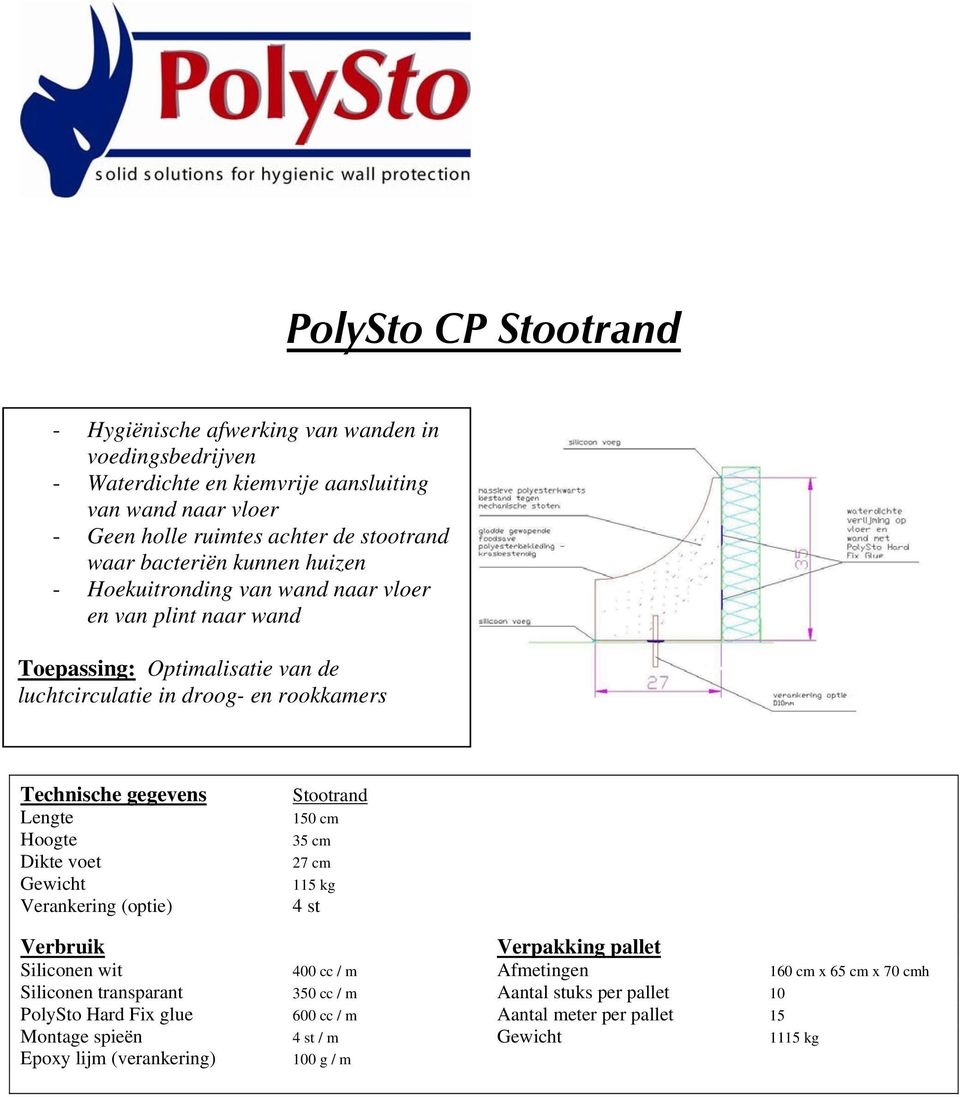 Stootrand 150 cm 35 cm 27 cm 115 kg 4 st Siliconen wit 400 cc / m Afmetingen 160 cm x 65 cm x 70 cmh Siliconen transparant 350 cc / m