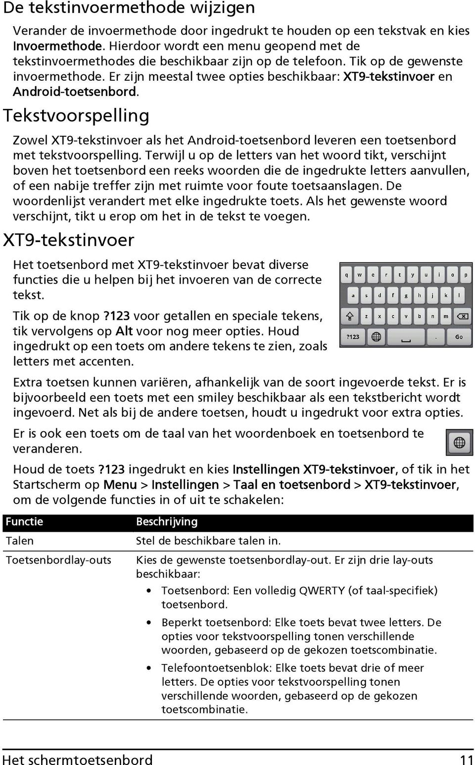 Er zijn meestal twee opties beschikbaar: XT9-tekstinvoer en Android-toetsenbord. Tekstvoorspelling Zowel XT9-tekstinvoer als het Android-toetsenbord leveren een toetsenbord met tekstvoorspelling.