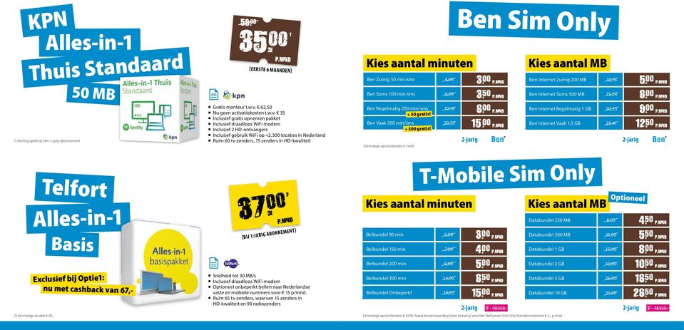 300 locaties in Nederland Ruim 60 tv-zenders, 15 zenders in HD-kwaliteit Kies aantal minuten Ben Zuinig 50 min/sms 4,06 Ben Soms 100 min/sms 6,09 Ben Regelmatig 250 min/sms 10,16 Ben Vaak 500 min/sms