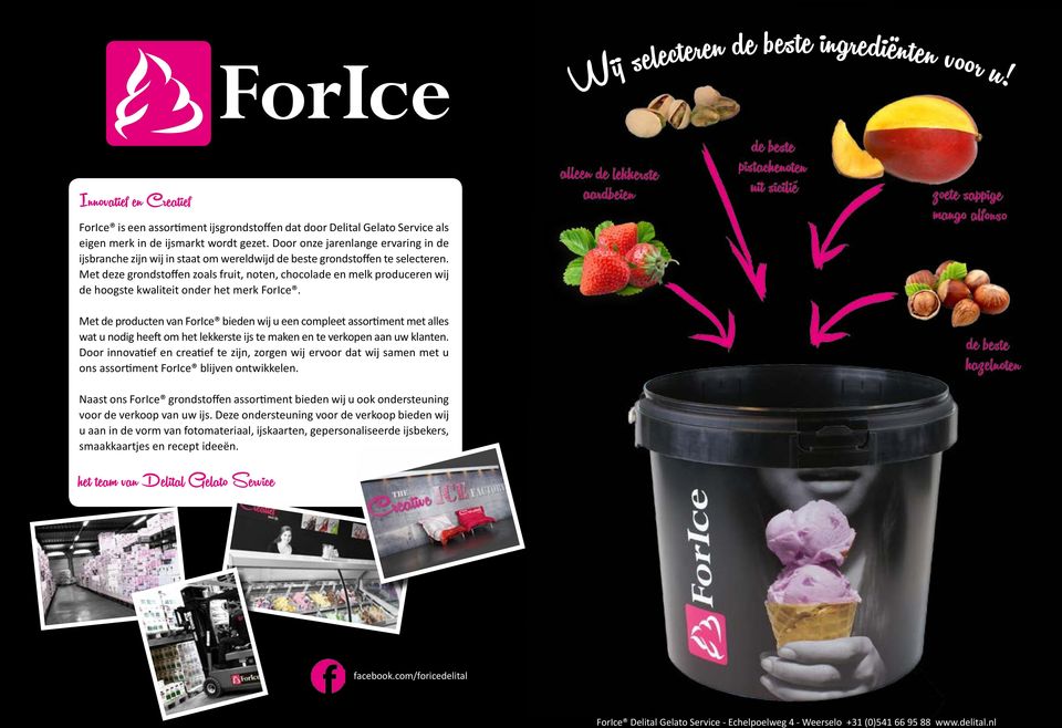 Met deze grondstoffen zoals fruit, noten, chocolade en melk produceren wij de hoogste kwaliteit onder het merk ForIce.
