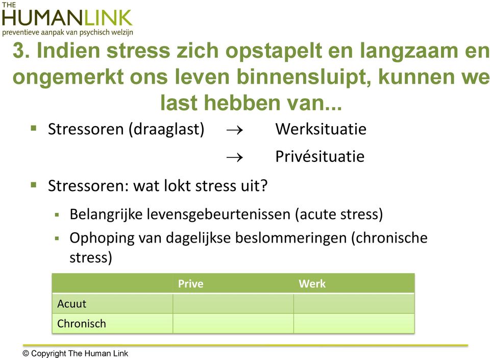 .. Stressoren (draaglast) Werksituatie Privésituatie Stressoren: wat lokt stress