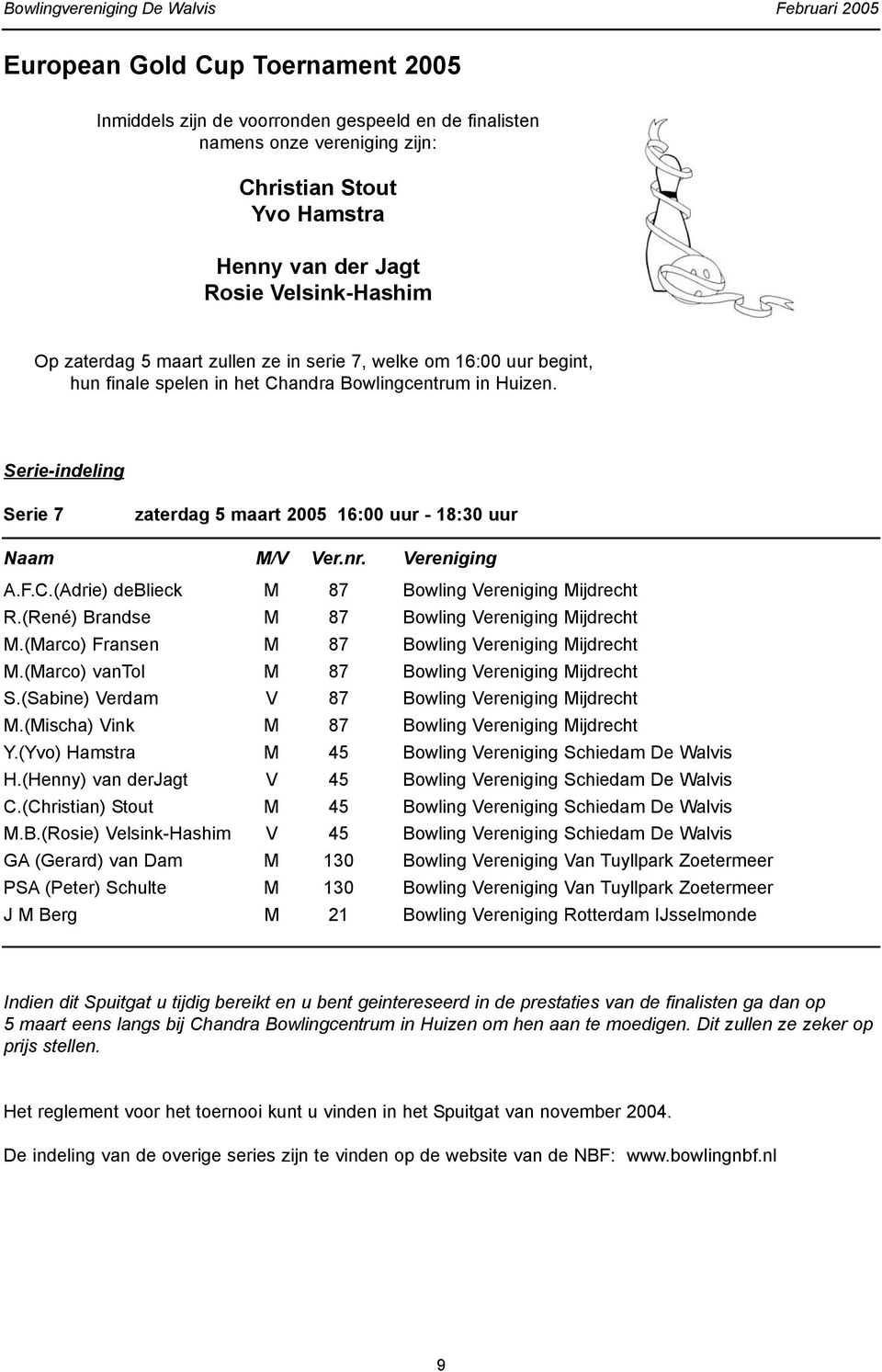 Serie-indeling Serie 7 zaterdag 5 maart 2005 16:00 uur - 18:30 uur Naam M/V Ver.nr. Vereniging A.F.C.(Adrie) deblieck M 87 Bowling Vereniging Mijdrecht R.