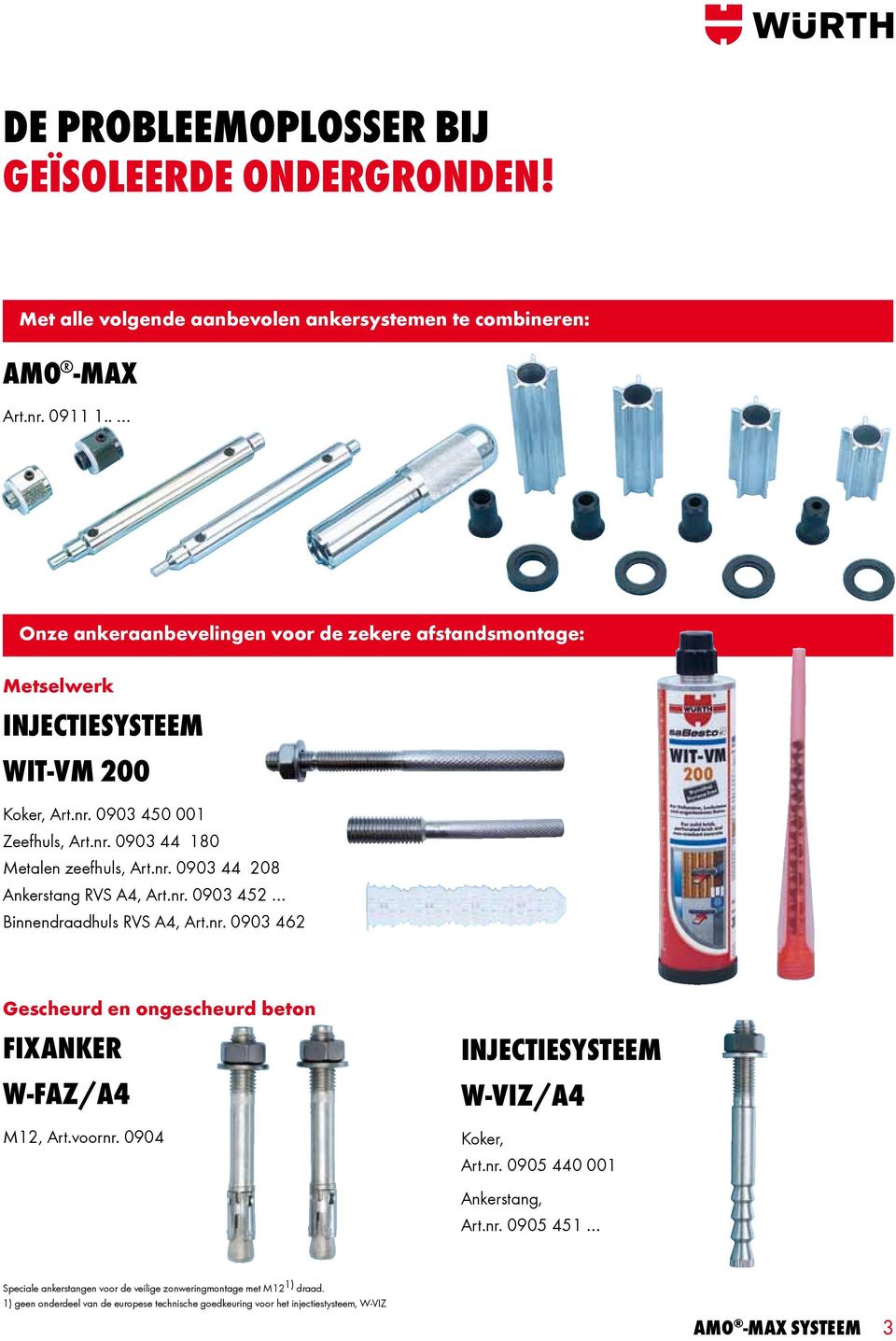 nr. 0903 452 Binnendraadhuls RVS A4, Art.nr. 0903 462 Gescheurd en ongescheurd beton fixanker w-faz/a4 M12, Art.voornr. 0904 injectiesysteem w-viz/a4 Koker, Art.nr. 0905 440 001 Ankerstang, Art.