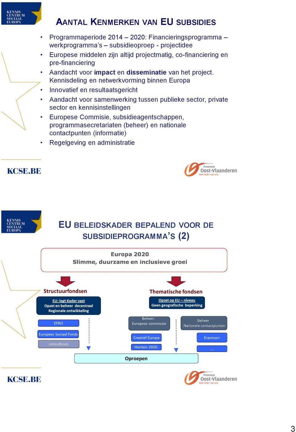Kennisdeling en netwerkvorming binnen Europa Innovatief en resultaatsgericht Aandacht voor samenwerking tussen publieke sector, private sector en
