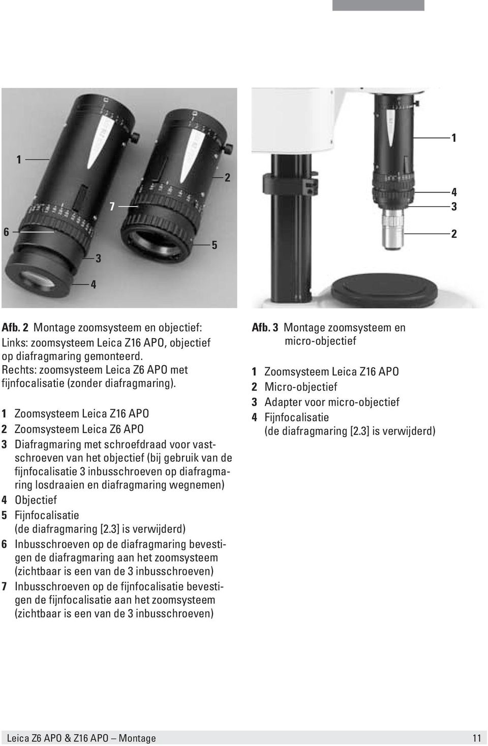 1 Zoomsysteem Leica Z16 APO 2 Zoomsysteem Leica Z6 APO 3 Diafragmaring met schroefdraad voor vastschroeven van het objectief (bij gebruik van de fijnfocalisatie 3 inbusschroeven op diafragmaring