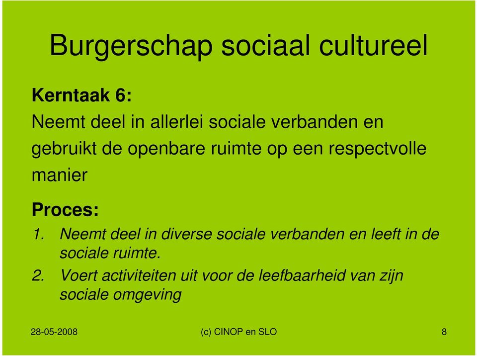 Neemt deel in diverse sociale verbanden en leeft in de sociale ruimte. 2.