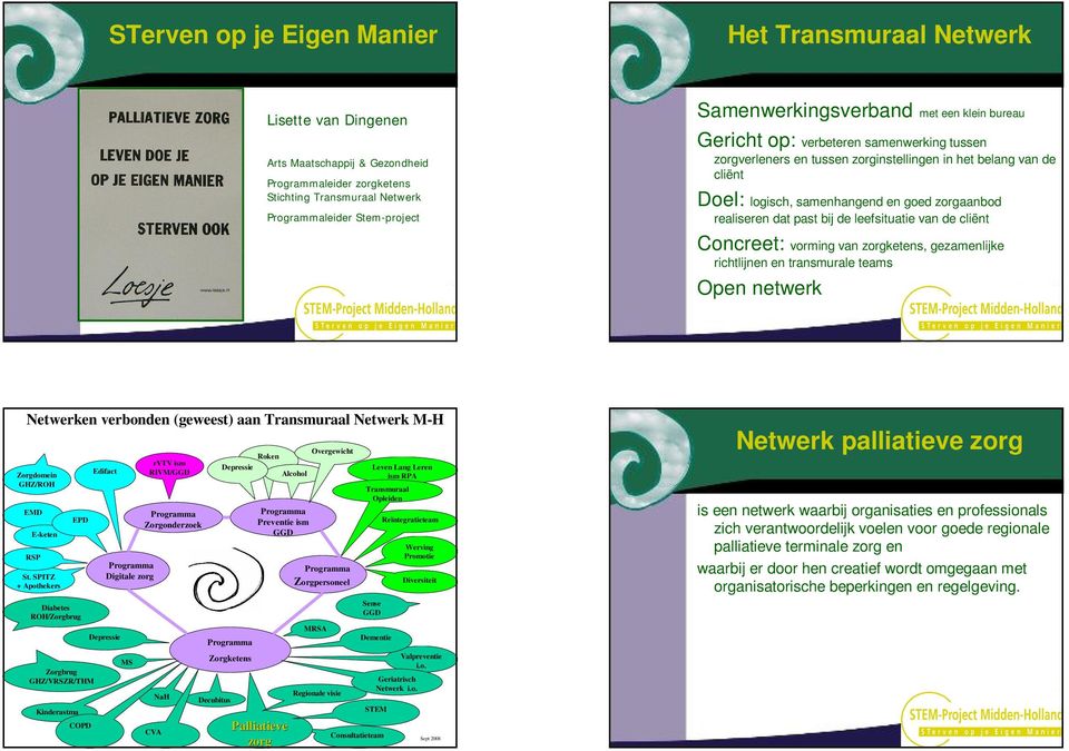 leefsituatie van de cliënt Concreet: vorming van zorgketens, gezamenlijke richtlijnen en transmurale teams Open netwerk Netwerken verbonden (geweest) aan Transmuraal Netwerk M-H Zorgdomein GHZ/ROH