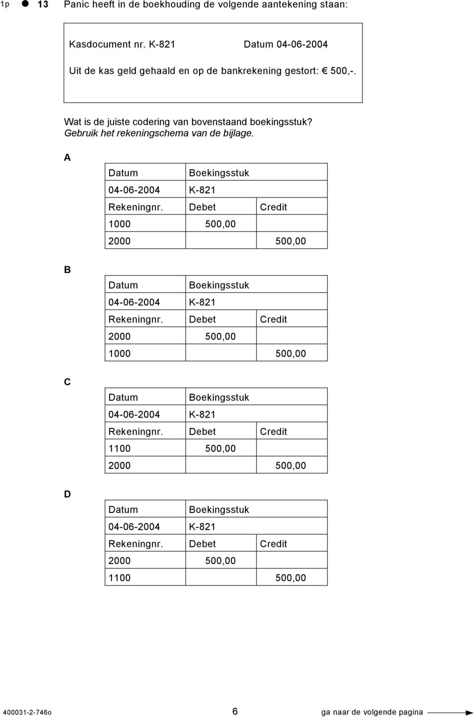 Wat is de juiste codering van bovenstaand boekingsstuk? Gebruik het rekeningschema van de bijlage.