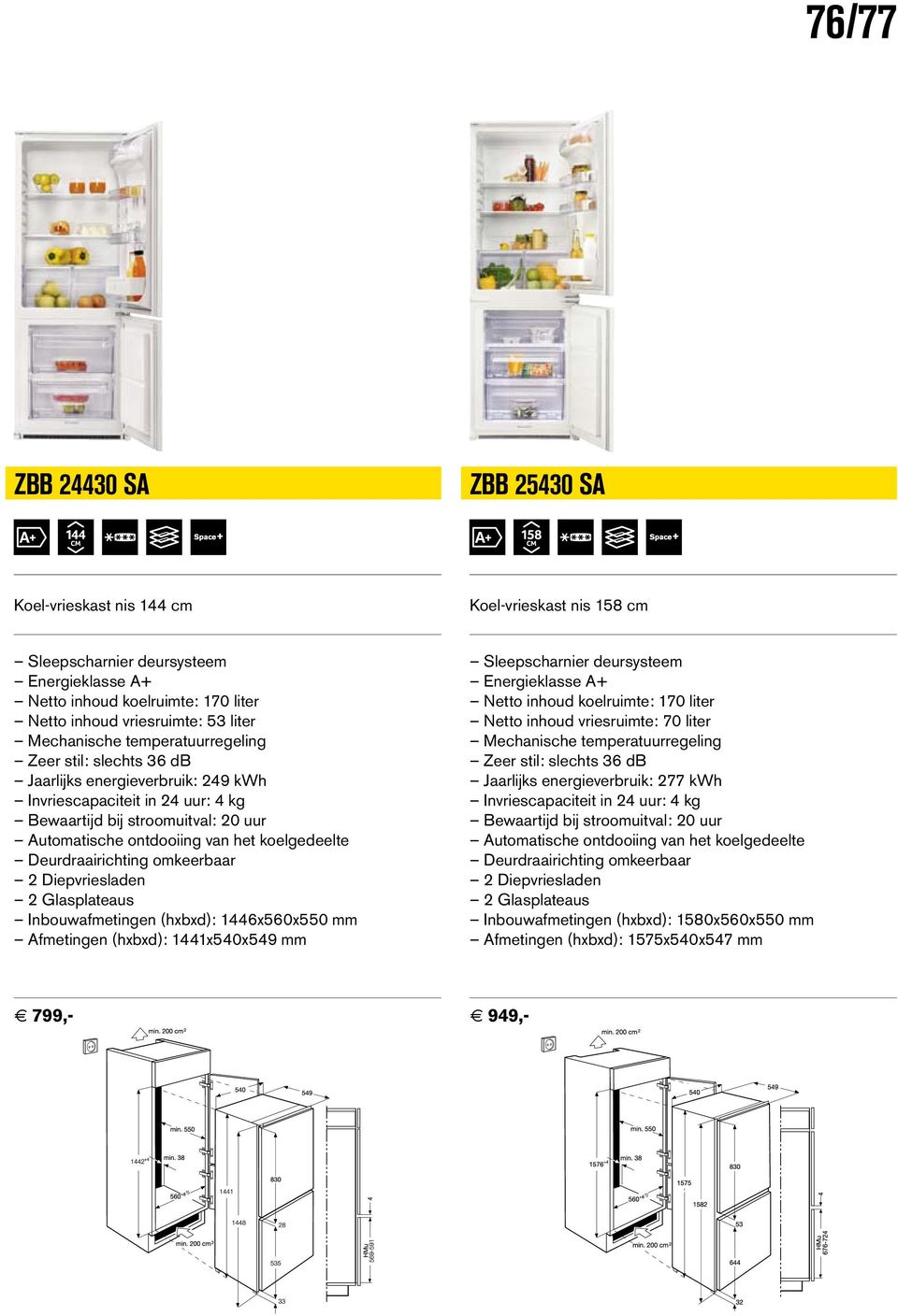 Afmetingen (hxbxd): 1441x540x549 mm Netto inhoud koelruimte: 170 liter Netto inhoud vriesruimte: 70 liter Zeer stil: slechts 36 db Jaarlijks energieverbruik: 277 kwh