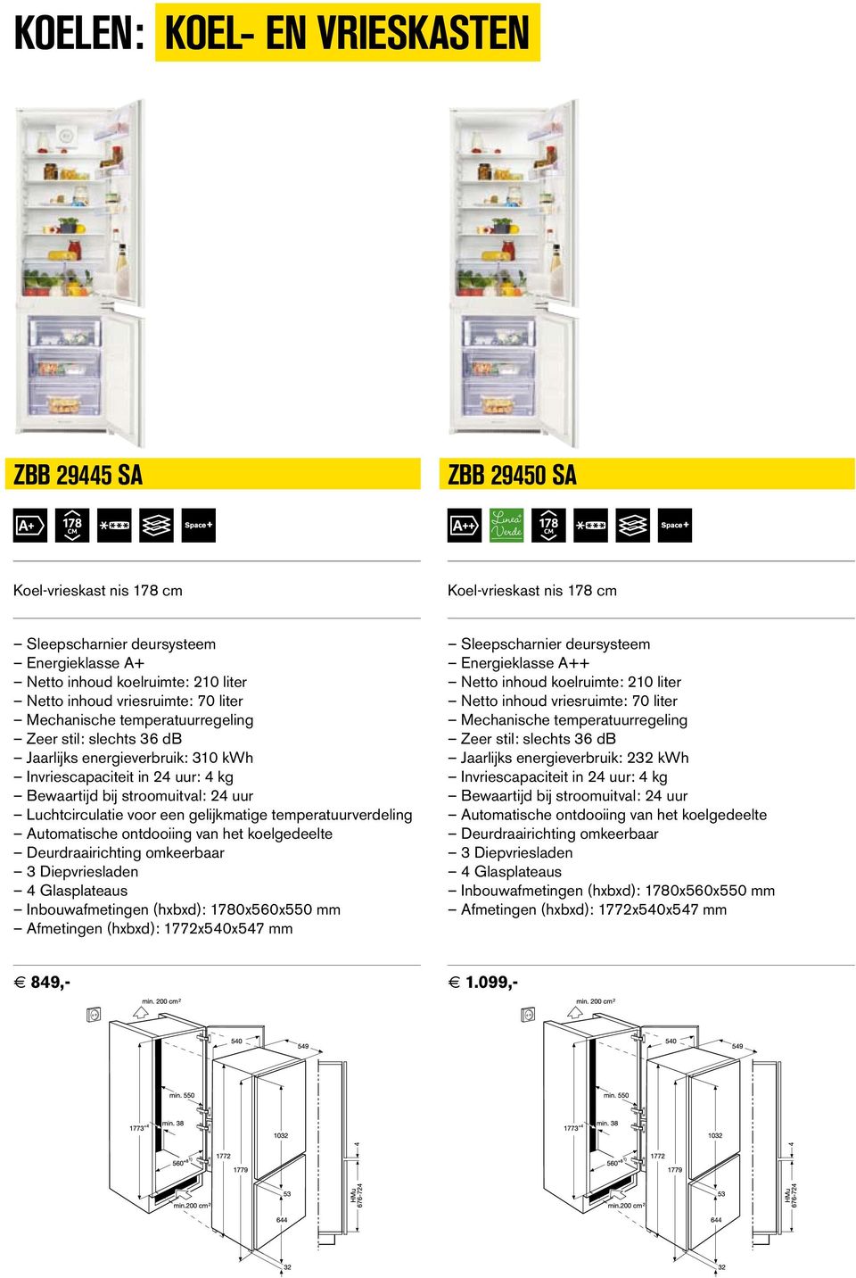 Inbouwafmetingen (hxbxd): 1780x560x550 mm Afmetingen (hxbxd): 1772x540x547 mm + Netto inhoud koelruimte: 210 liter Netto inhoud vriesruimte: 70 liter Zeer stil: slechts 36 db Jaarlijks