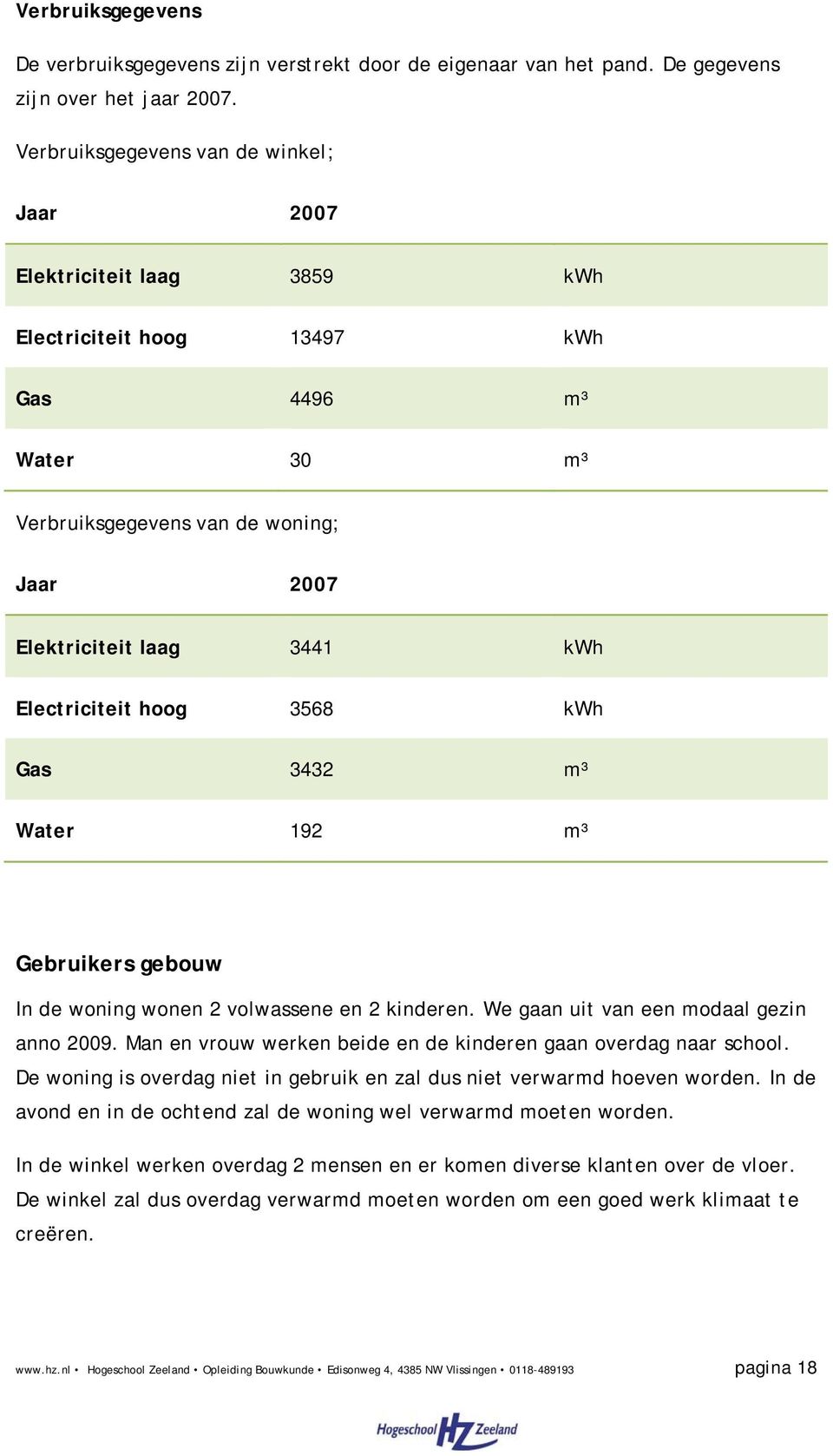 Electriciteit hoog 3568 kwh Gas 3432 m³ Water 192 m³ Gebruikers gebouw In de woning wonen 2 volwassene en 2 kinderen. We gaan uit van een modaal gezin anno 2009.