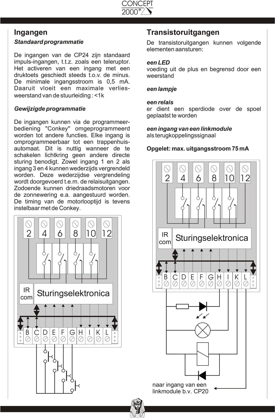 Daaruit vloeit een maximale verliesweerstand van de stuurleiding : <1kW Gewijzigde programmatie De ingangen kunnen via de programmeerbediening "Conkey" omgeprogrammeerd worden tot andere functies.