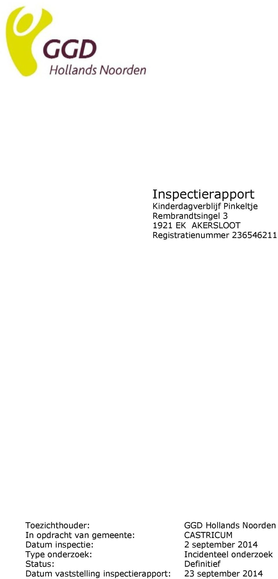 gemeente: CASTRICUM Datum inspectie: 2 september 2014 Type onderzoek: Incidenteel