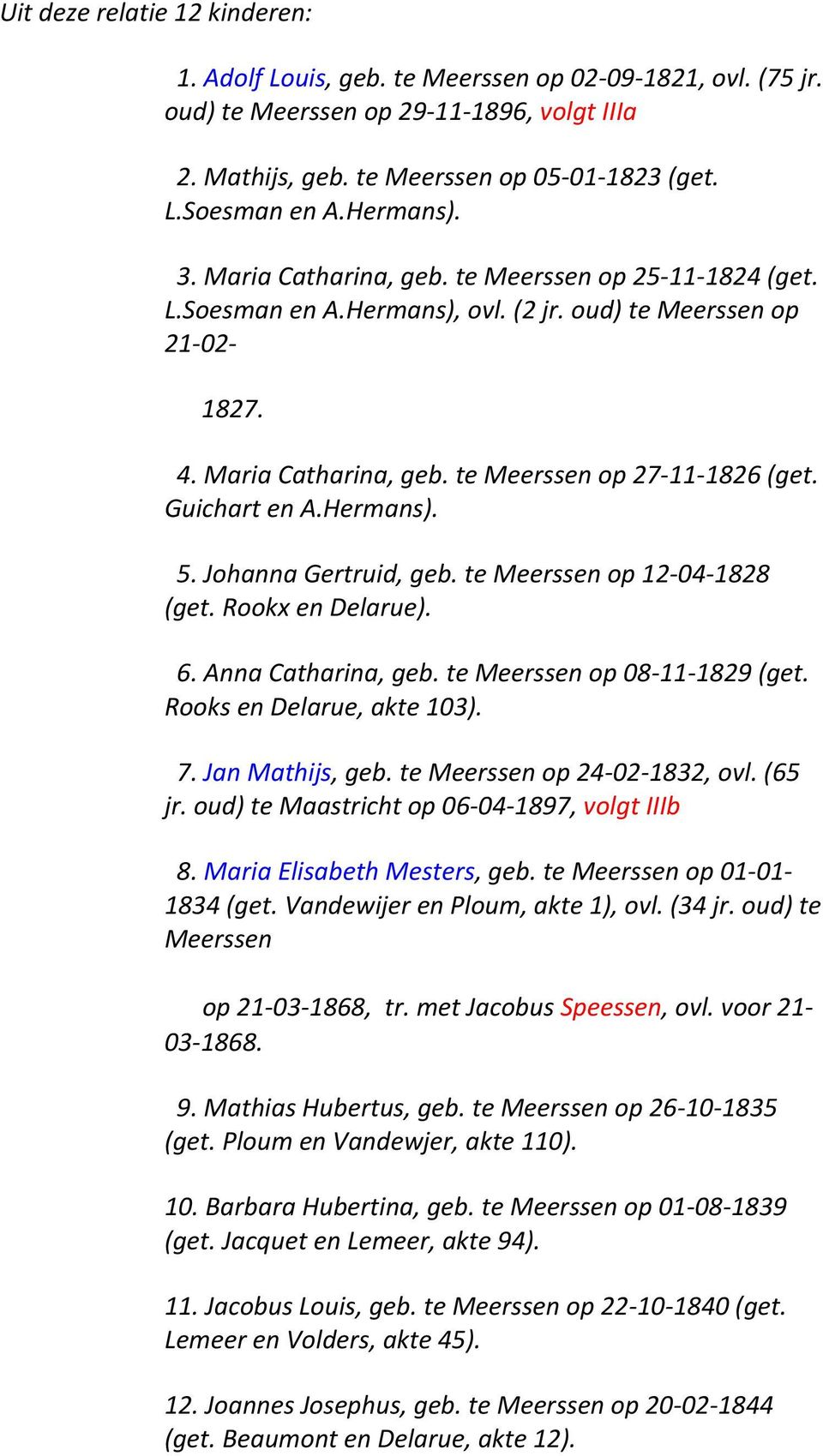 Guichart en A.Hermans). 5. Johanna Gertruid, geb. te Meerssen op 12-04- 1828 (get. Rookx en Delarue). 6. Anna Catharina, geb. te Meerssen op 08-11- 1829 (get. Rooks en Delarue, akte 103). 7.