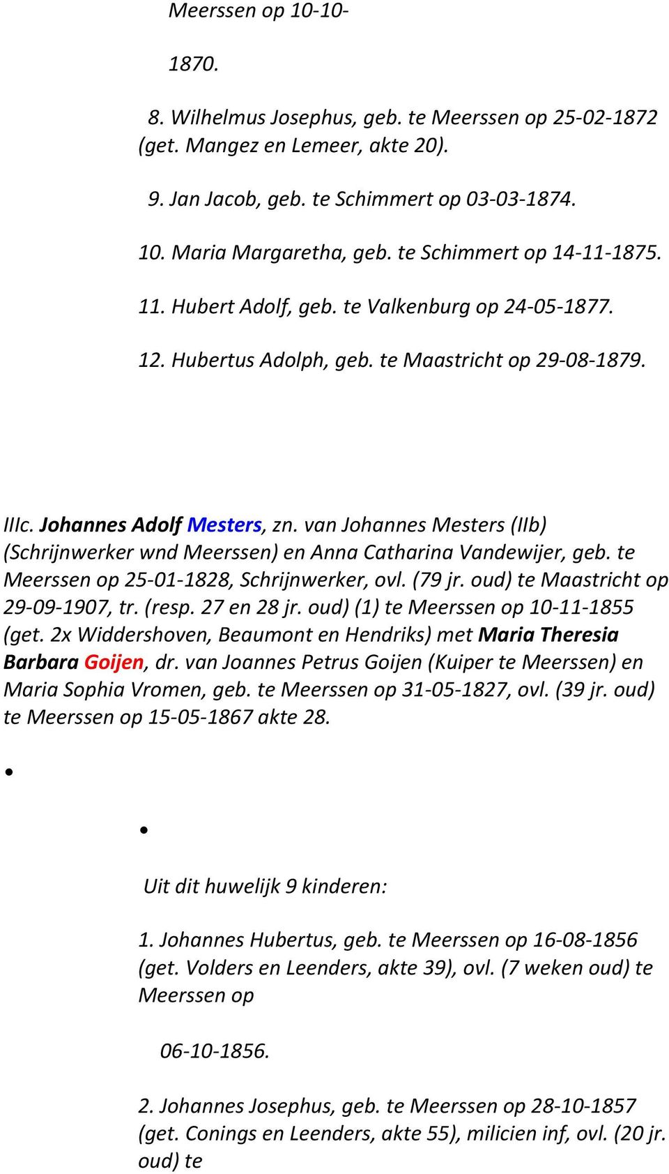 van Johannes Mesters (IIb) (Schrijnwerker wnd Meerssen) en Anna Catharina Vandewijer, geb. te Meerssen op 25-01- 1828, Schrijnwerker, ovl. (79 jr. oud) te Maastricht op 29-09- 1907, tr. (resp.