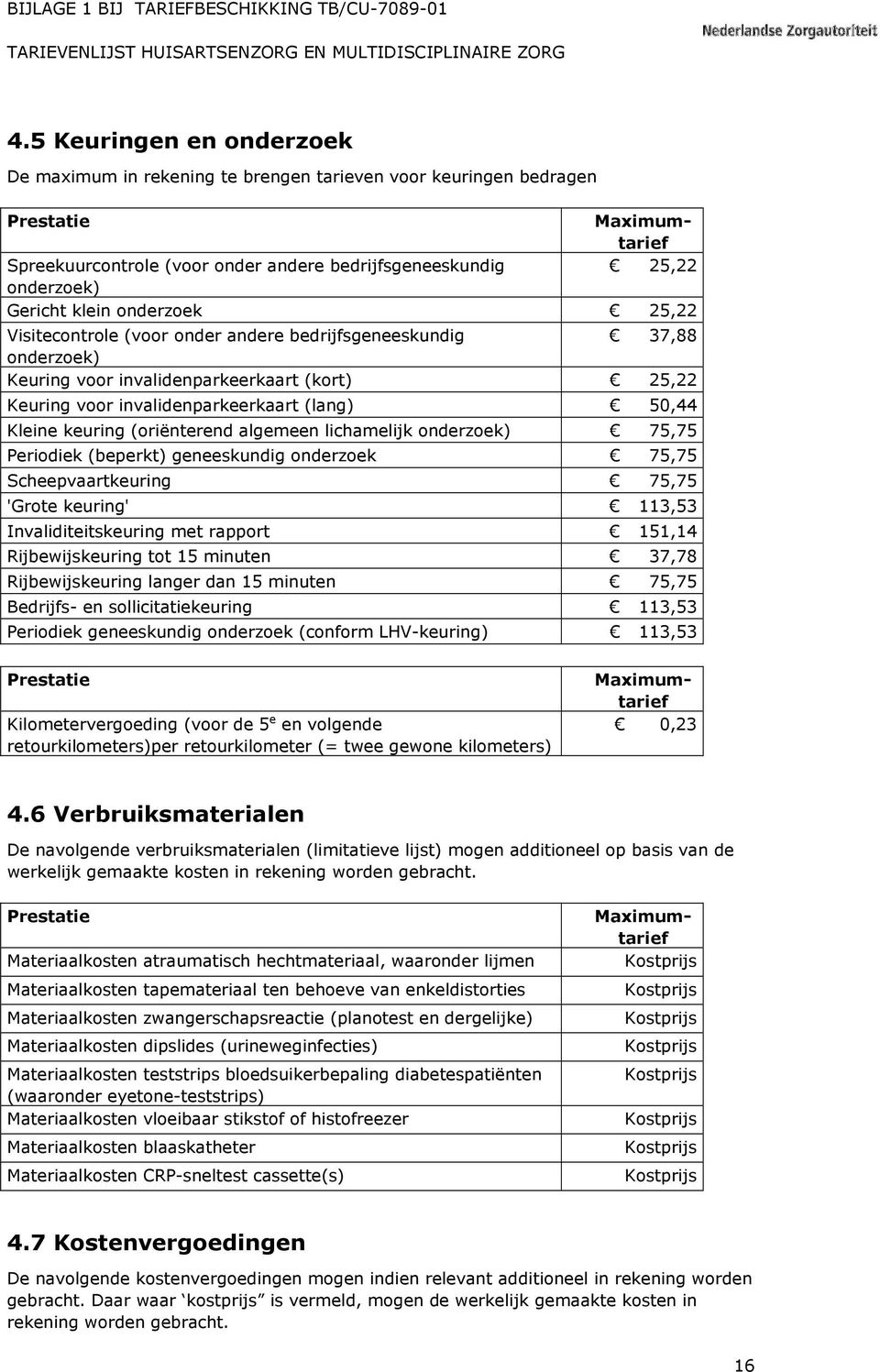 Materiaalkosten atraumatisch hechtmateriaal, waaronder lijmen Materiaalkosten tapemateriaal ten behoeve van enkeldistorties Materiaalkosten zwangerschapsreactie (planotest en dergelijke)