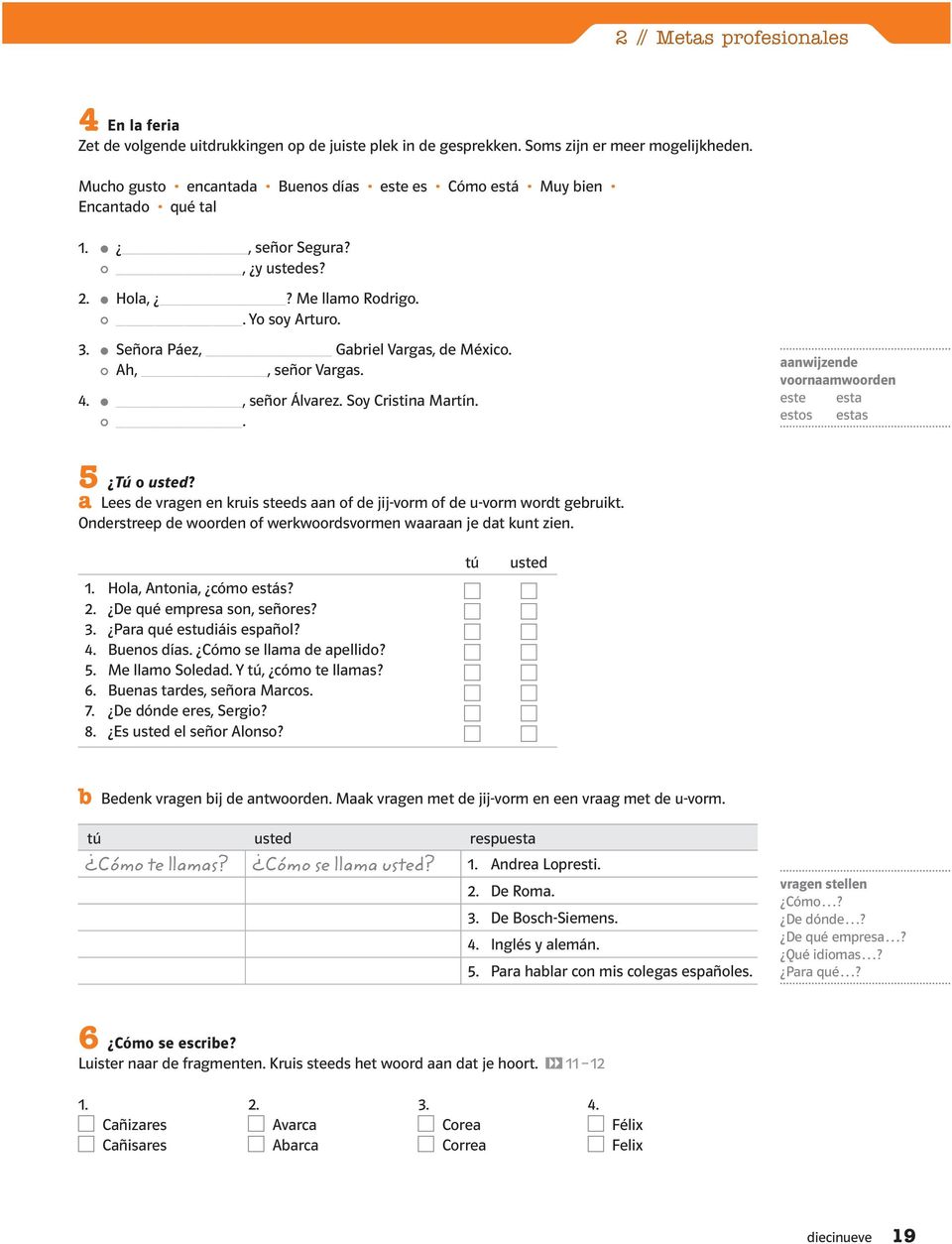 Ah,, señor Vargas. 4., señor Álvarez. Soy Cristina Martín.. aanwijzende voornaamwoorden este esta estos estas 5 Tú o usted?