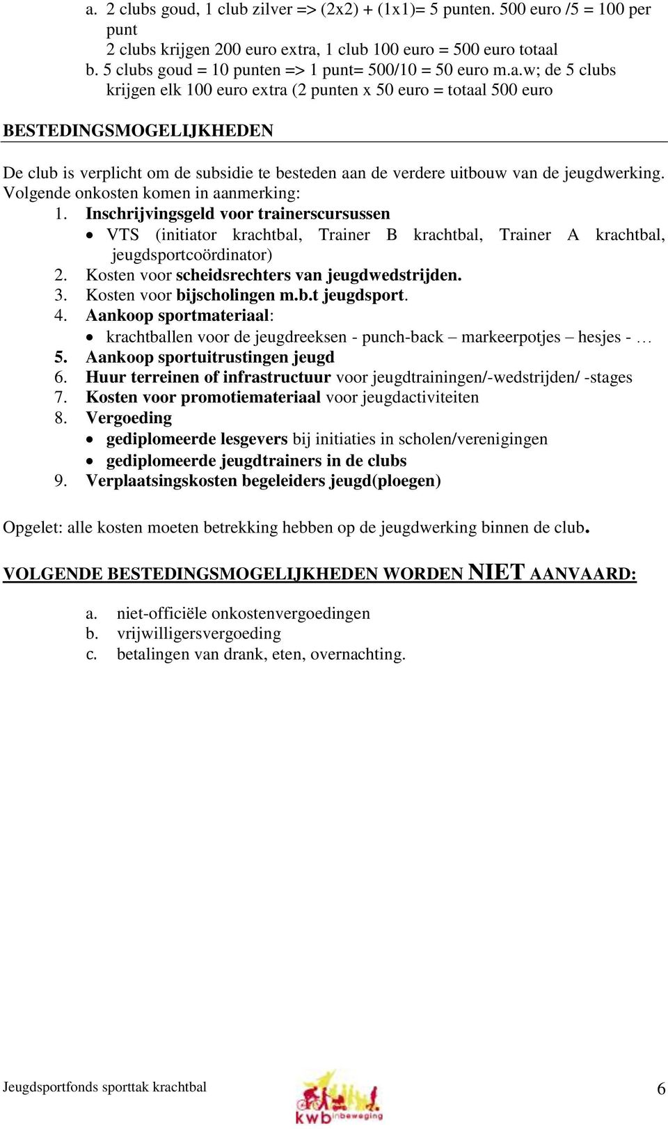 w; de 5 clubs krijgen elk 100 euro extra (2 punten x 50 euro = totaal 500 euro BESTEDINGSMOGELIJKHEDEN De club is verplicht om de subsidie te besteden aan de verdere uitbouw van de jeugdwerking.