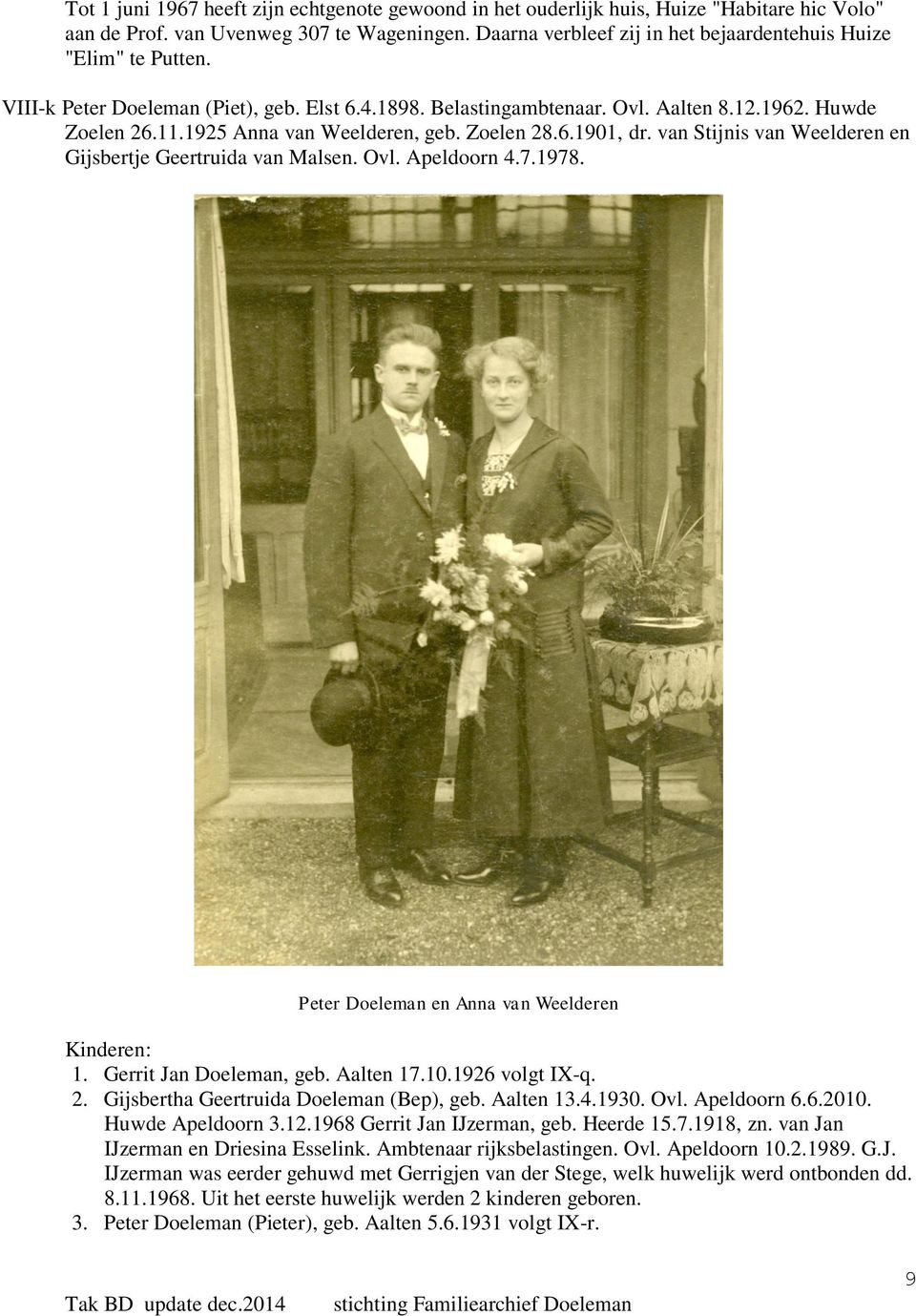 1925 Anna van Weelderen, geb. Zoelen 28.6.1901, dr. van Stijnis van Weelderen en Gijsbertje Geertruida van Malsen. Ovl. Apeldoorn 4.7.1978. Peter Doeleman en Anna van Weelderen 1.