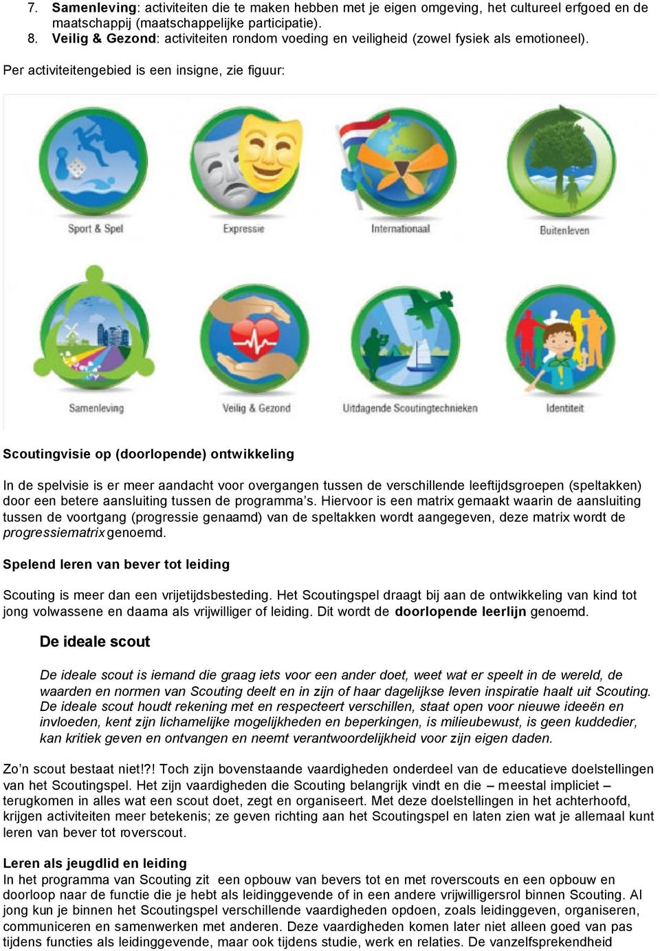 Per activiteitengebied is een insigne, zie figuur: Scoutingvisie op (doorlopende) ontwikkeling In de spelvisie is er meer aandacht voor overgangen tussen de verschillende leeftijdsgroepen