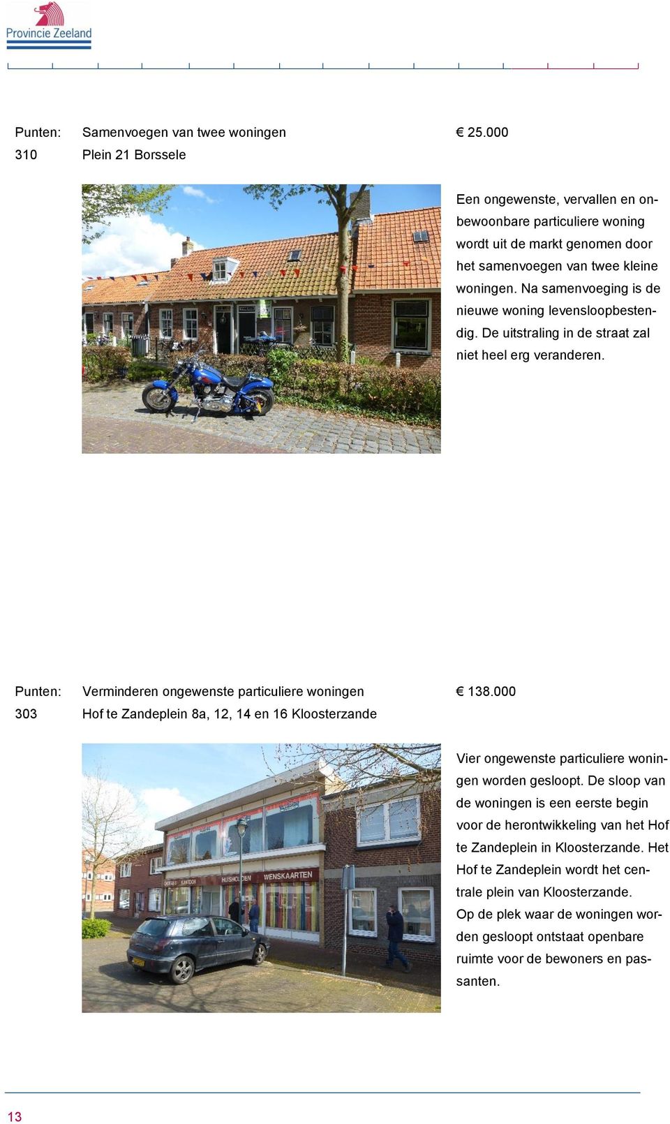 303 Verminderen ongewenste particuliere woningen Hof te Zandeplein 8a, 12, 14 en 16 Kloosterzande 138.000 Vier ongewenste particuliere woningen worden gesloopt.