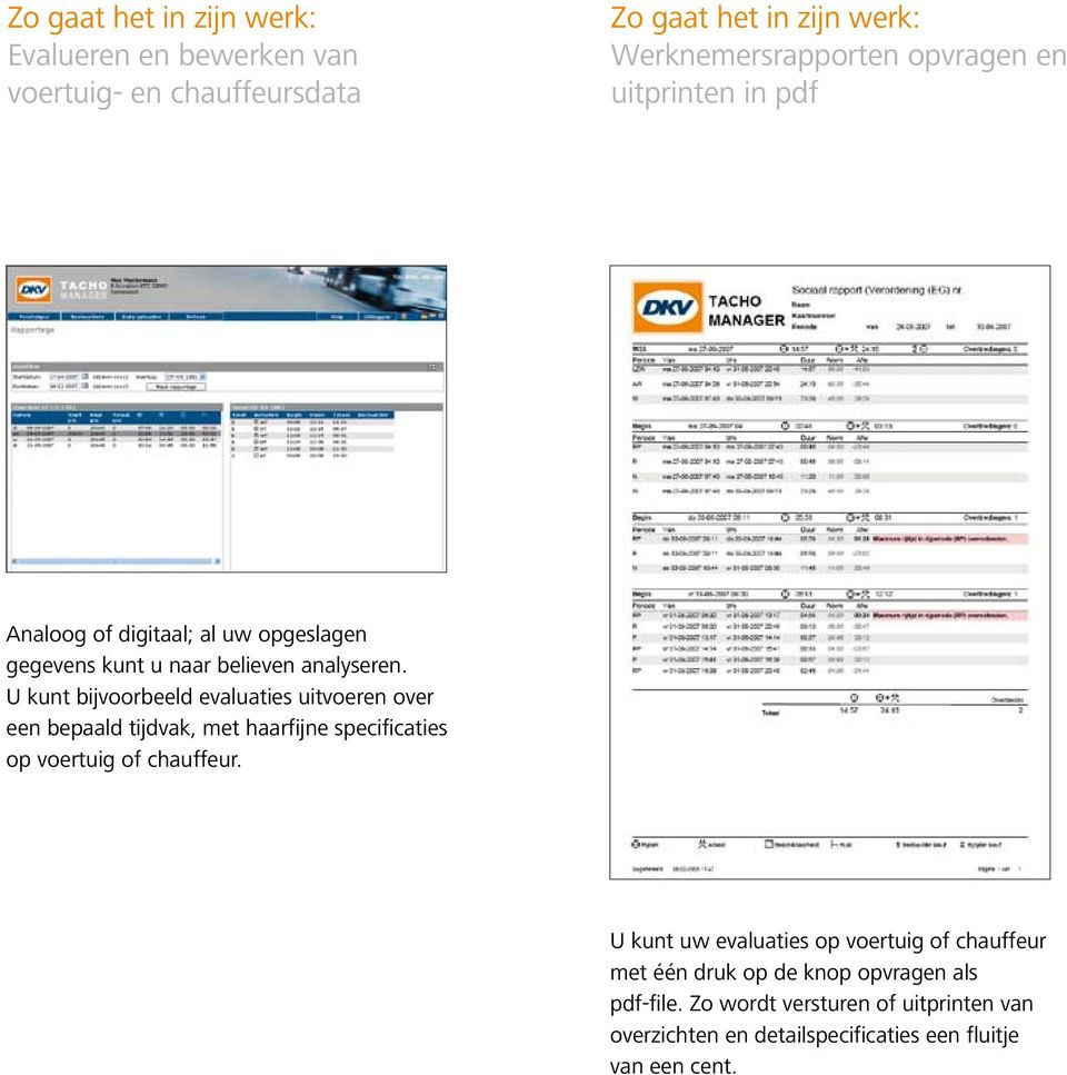 U kunt bijvoorbeeld evaluaties uitvoeren over een bepaald tijdvak, met haarfijne specificaties op voertuig of chauffeur.