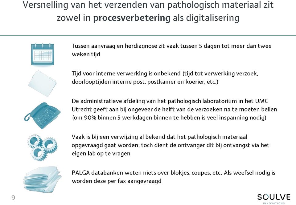 ) De administratieve afdeling van het pathologisch laboratorium in het UMC Utrecht geeft aan bij ongeveer de helft van de verzoeken na te moeten bellen (om 90% binnen 5 werkdagen binnen te hebben is