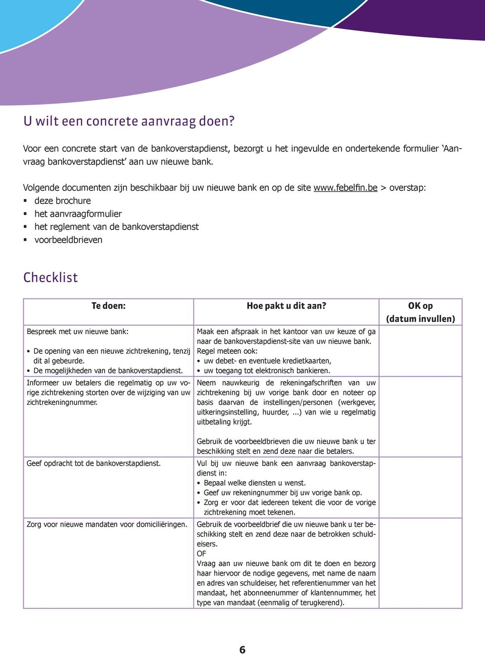 be > overstap: deze brochure het aanvraagformulier het reglement van de bankoverstapdienst voorbeeldbrieven Checklist Bespreek met uw nieuwe bank: Te doen: Hoe pakt u dit aan?