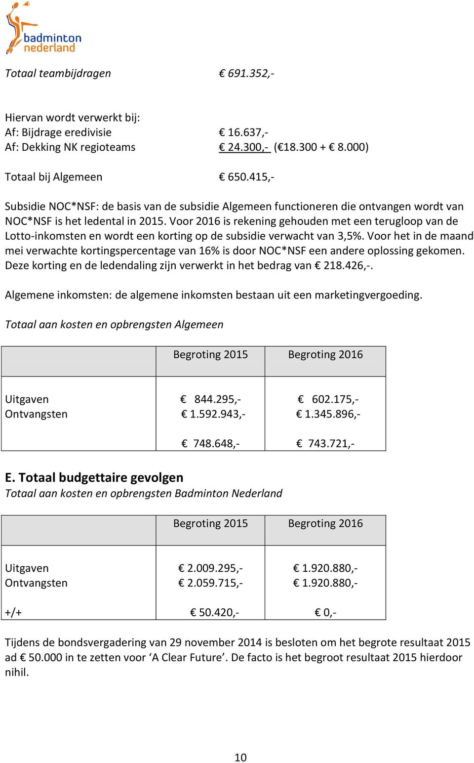 Voor 2016 is rekening gehouden met een terugloop van de Lotto-inkomsten en wordt een korting op de subsidie verwacht van 3,5%.