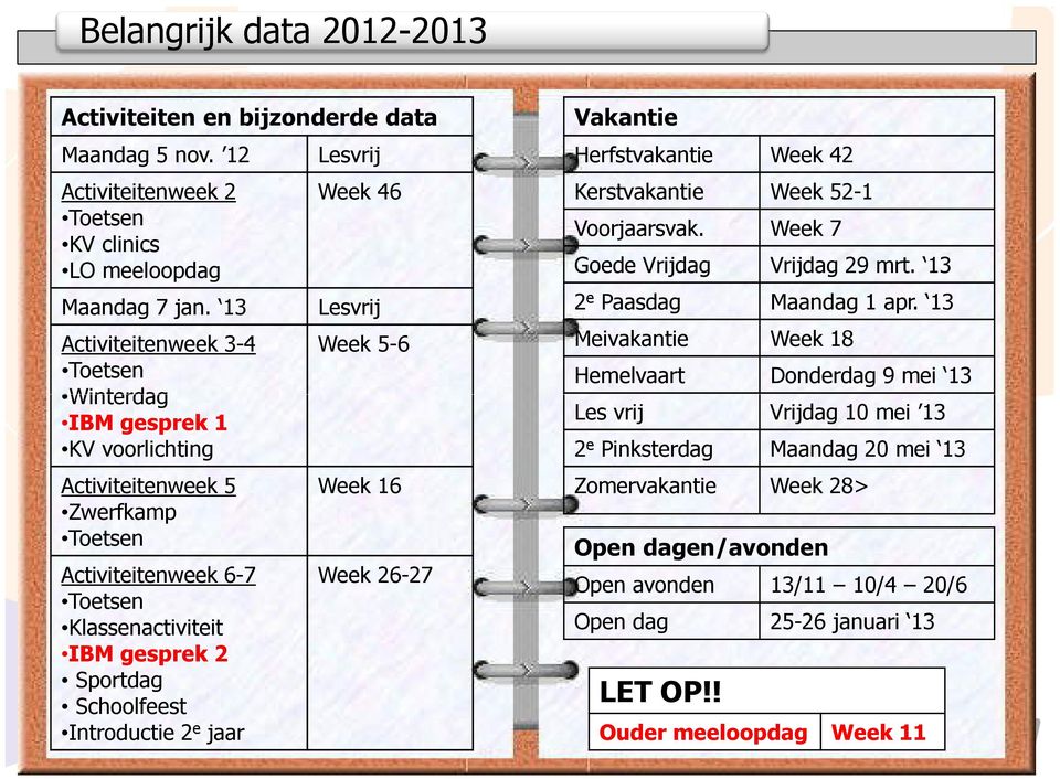 Introductie 2 e jaar Lesvrij Week 46 Lesvrij Week 5-6 Week 16 Week 26-27 Vakantie Herfstvakantie Week 42 Kerstvakantie Week 52-1 Voorjaarsvak. Week 7 Goede Vrijdag Vrijdag 29 mrt.