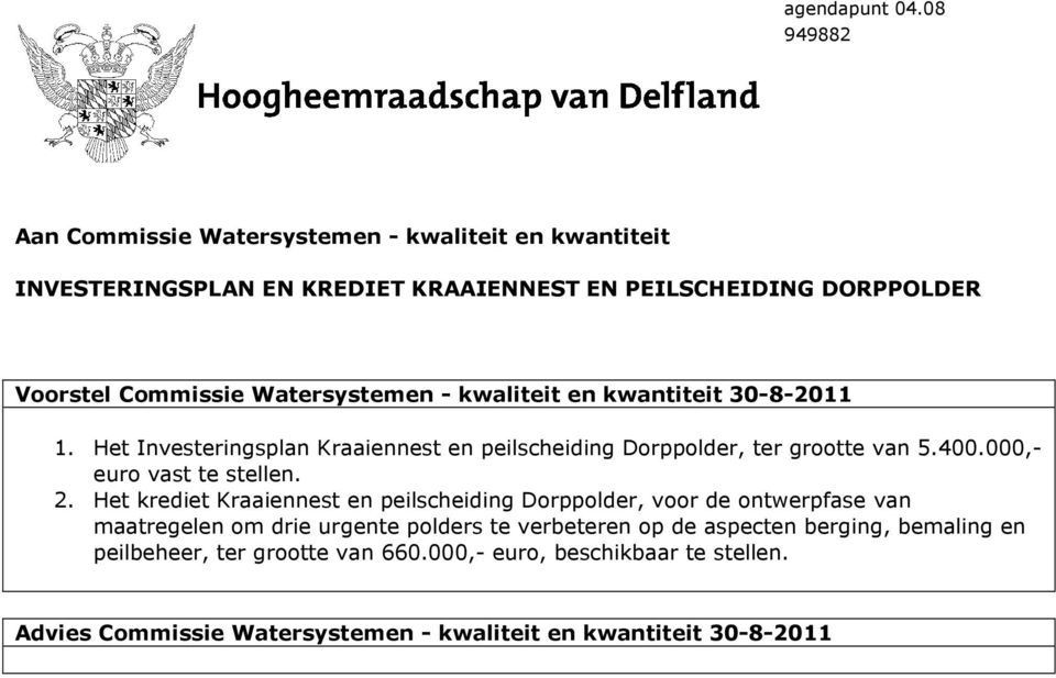 Watersystemen - kwaliteit en kwantiteit 30-8-2011 1. Het Investeringsplan Kraaiennest en peilscheiding Dorppolder, ter grootte van 5.400.