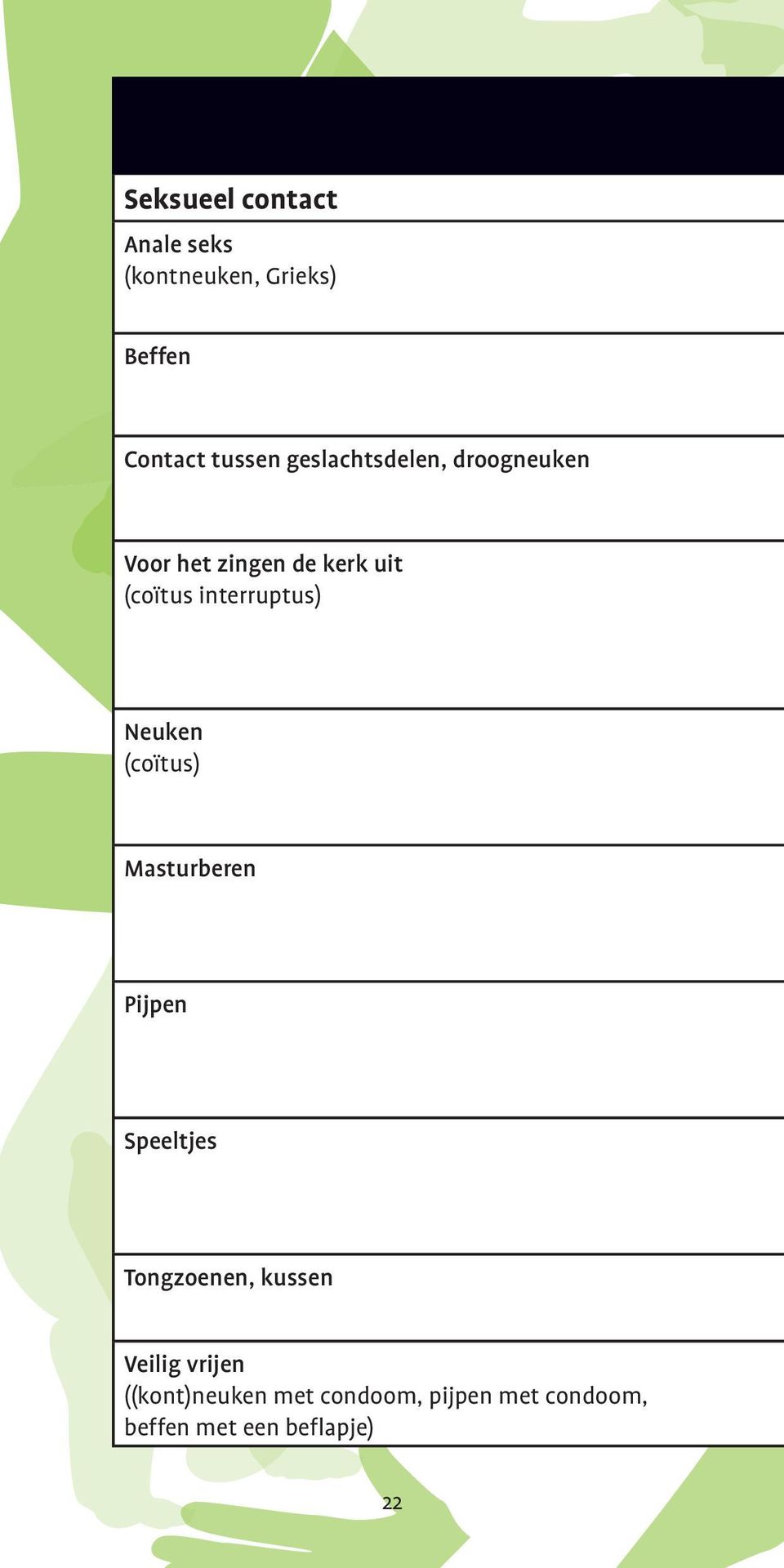 interruptus) Neuken (coïtus) Masturberen Pijpen Speeltjes Tongzoenen,