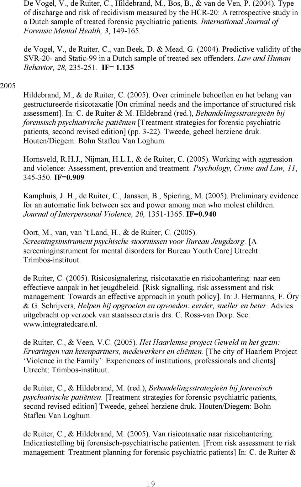 International Journal of Forensic Mental Health, 3, 149-165. de Vogel, V., de Ruiter, C., van Beek, D. & Mead, G. (2004).