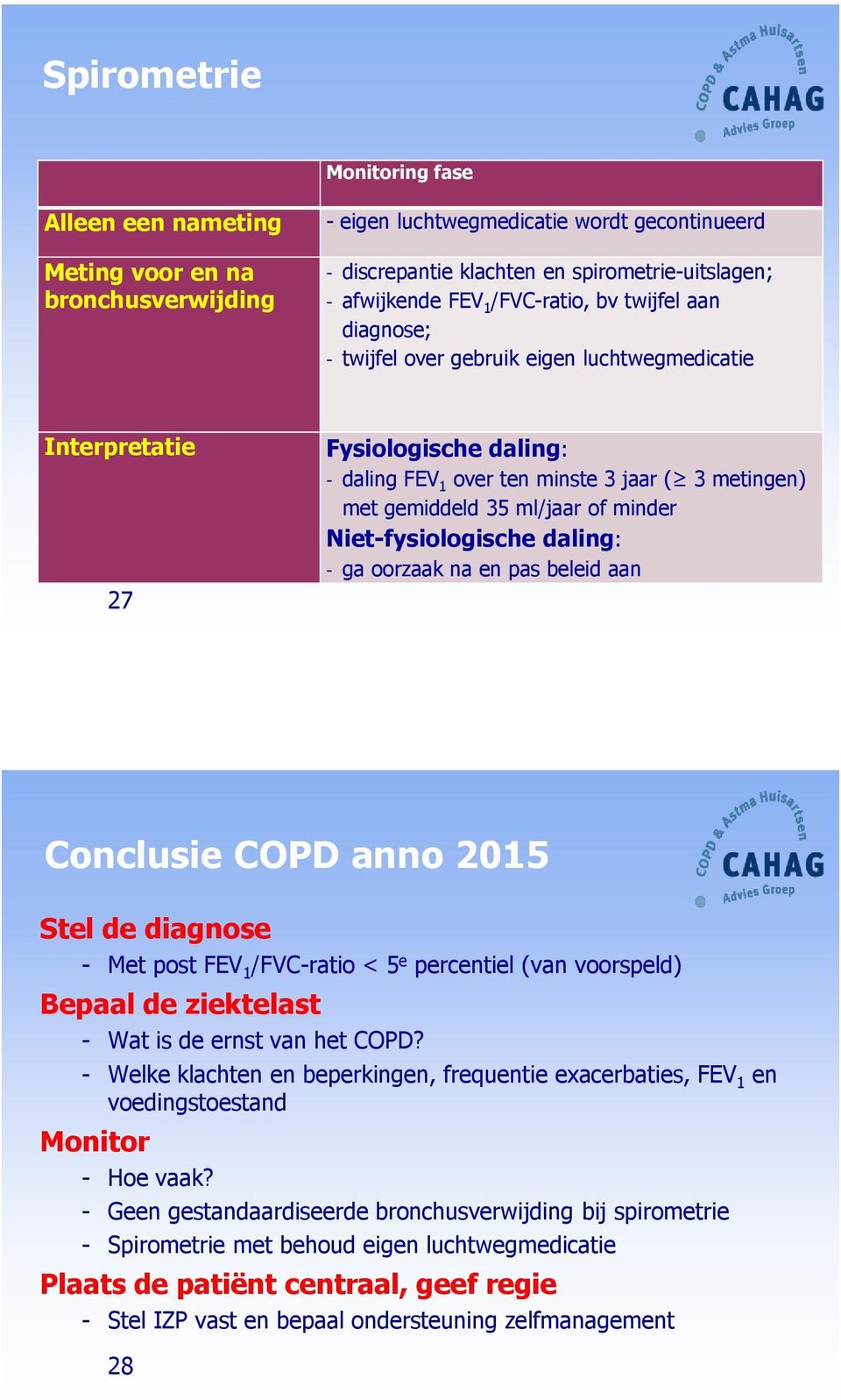 minder Niet-fysioogische daing: - ga oorzaak na en pas beeid aan Concusie COPD anno 2015 Ste de diagnose - Met post FEV 1 /FVC-ratio < 5 e percentie (van voorsped) Bepaa de ziekteast - Wat is de