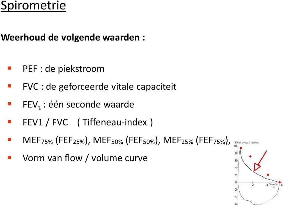 één seconde waarde FEV1 / FVC ( Tiffeneau-index ) MEF75%