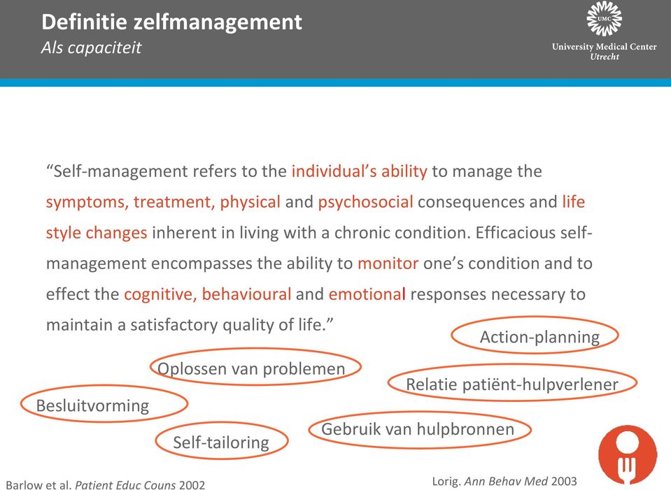 Efficacious selfmanagement encompasses the ability to monitor one s condition and to effect the cognitive, behavioural and emotional responses necessary