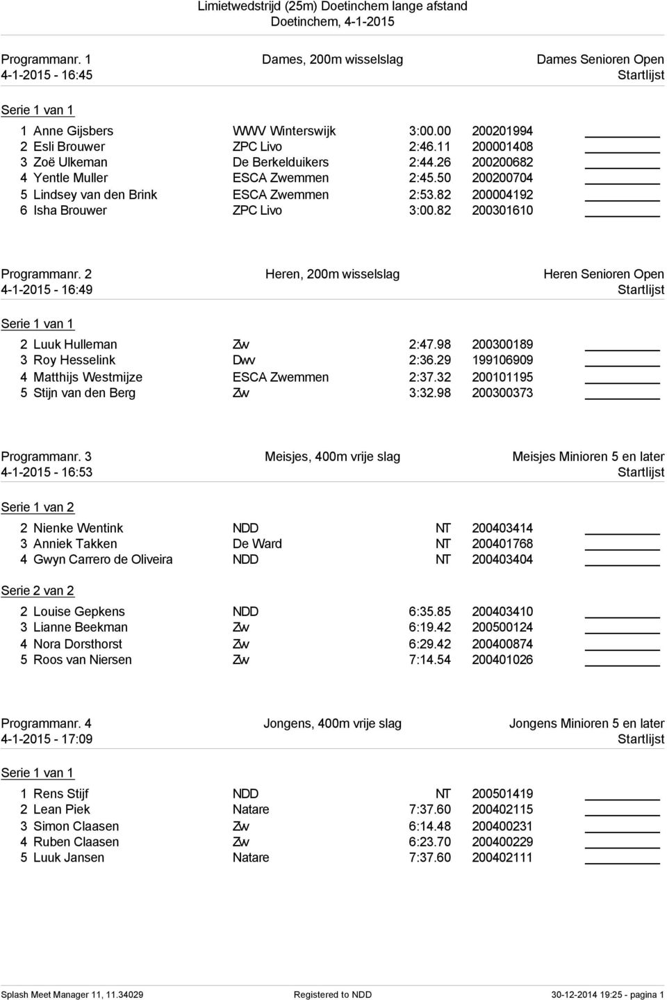 82 200301610 Programmanr. 2 Heren, 200m wisselslag Heren Senioren Open 4-1-2015-16:49 Startlijst 2 Luuk Hulleman Zvv 2:47.98 200300189 3 Roy Hesselink Dwv 2:36.